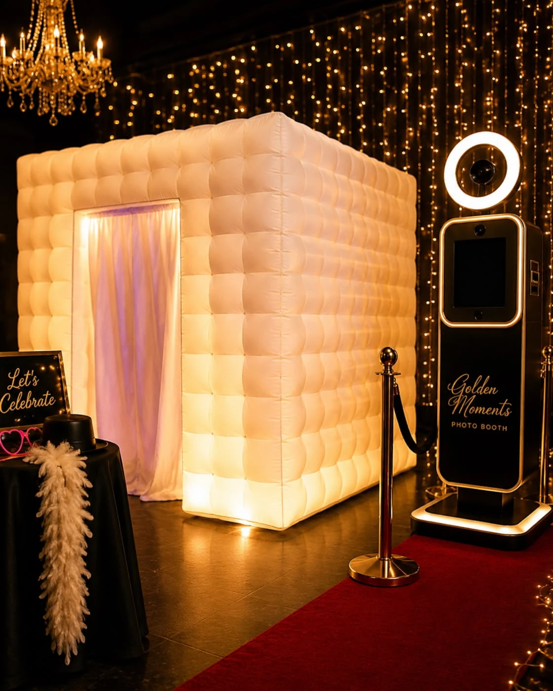 Cabina inflable Golden Moments Photo Booth con alfombra roja y kiosco de fotos