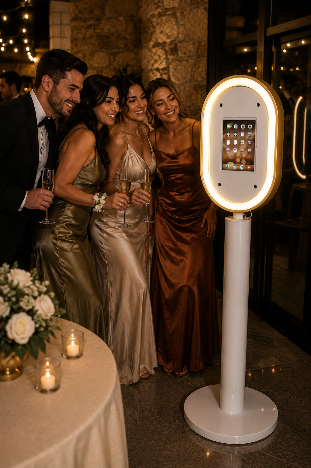 Wedding guests taking photos at a Golden Moments Events photo booth