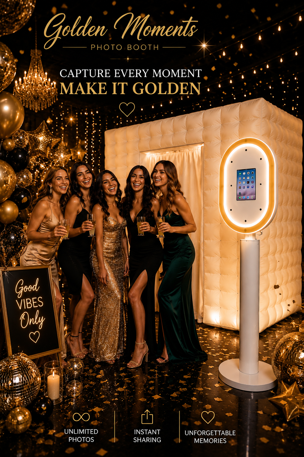 Friends celebrating next to the Golden Moments inflatable photo booth